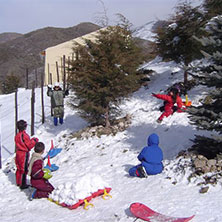Familia jugando en la nieve en El Pinar en La Ventana